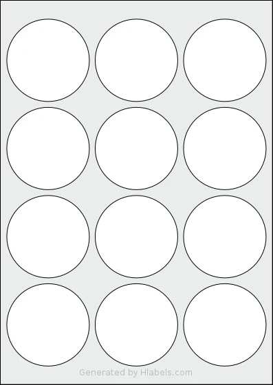 LotusLabels® LL64C template with 12 circle labels per sheet, each 63.5 millimeter in diameter, on A4-size adhesive blank label sheets.