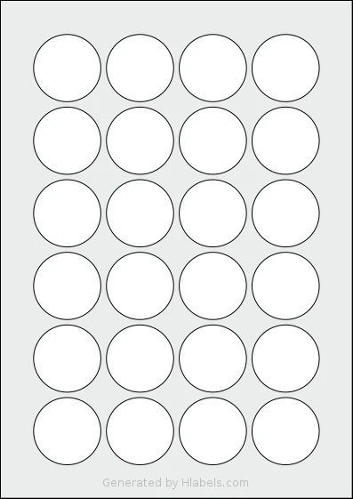 Megastar® LP4MS-40 template with 24 circle labels per sheet, each 40 millimeter in diameter, on A4-size adhesive blank label sheets.