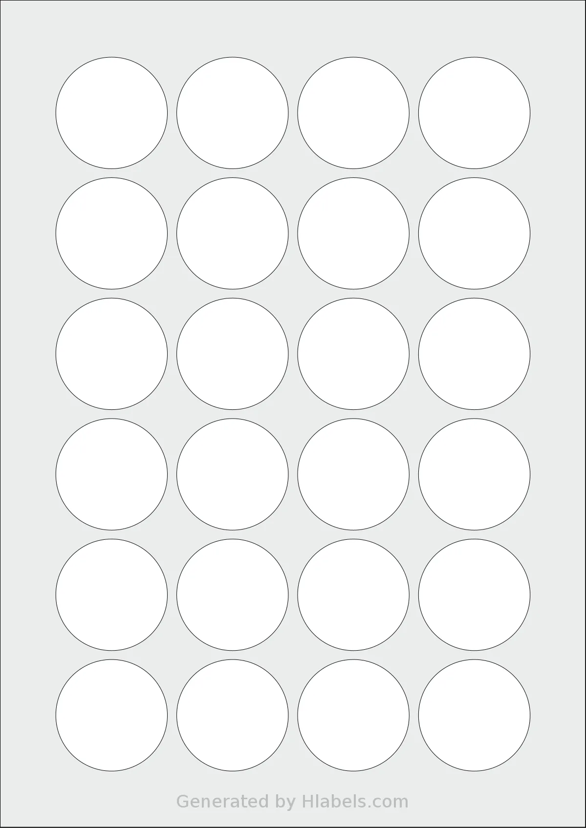 Megastar® LP4MS-40 template with 24 circle labels per sheet, each 40 millimeter in diameter, on A4-size adhesive blank label sheets.