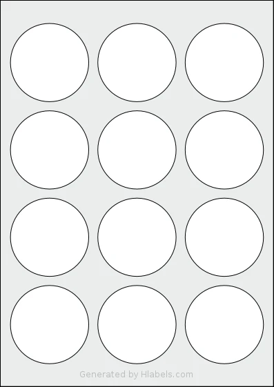 Megastar® LP4MS-60 template with 12 circle labels per sheet, each 60 millimeter in diameter, on A4-size adhesive blank label sheets.