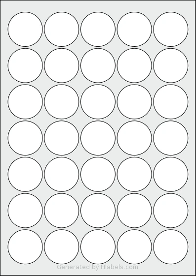 MrLabel® MR118 template with 35 circle labels per sheet, each 37 millimeter in diameter, on A4-size adhesive blank label sheets.