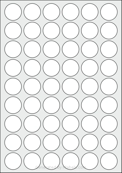 MrLabel® MR119 template with 54 circle labels per sheet, each 29 millimeter in diameter, on A4-size adhesive blank label sheets.
