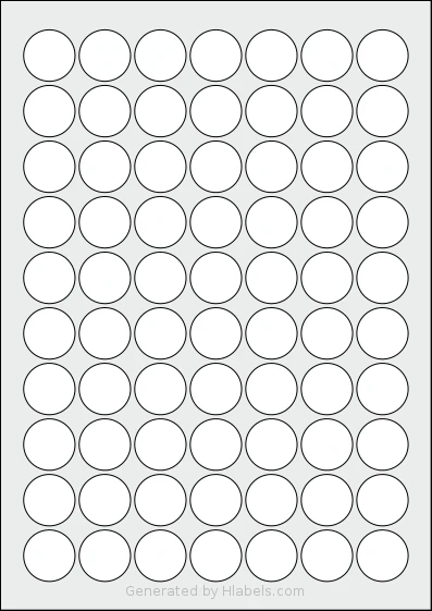 MrLabel® MR131 template with 70 circle labels per sheet, each 25 millimeter in diameter, on A4-size adhesive blank label sheets.