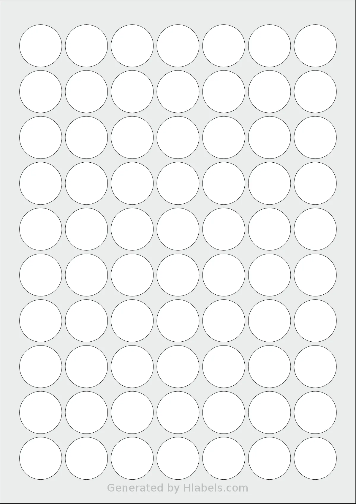 MrLabel® MR131 template with 70 circle labels per sheet, each 25 millimeter in diameter, on A4-size adhesive blank label sheets.
