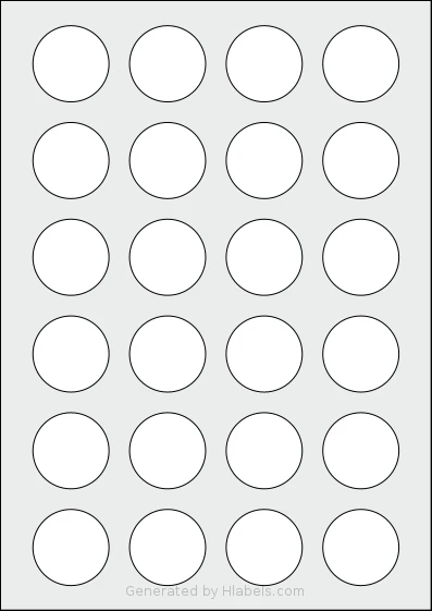 MrLabel® MR700 template with 24 circle labels per sheet, each 37 millimeter in diameter, on A4-size adhesive blank label sheets.