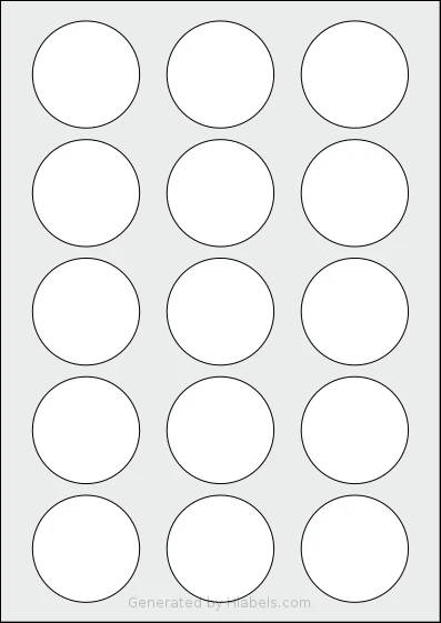 MrLabel® MR770 template with 15 circle labels per sheet, each 51 millimeter in diameter, on A4-size adhesive blank label sheets.
