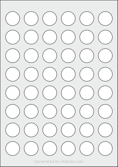 MrLabel® MR780 template with 48 circle labels per sheet, each 25 millimeter in diameter, on A4-size adhesive blank label sheets.