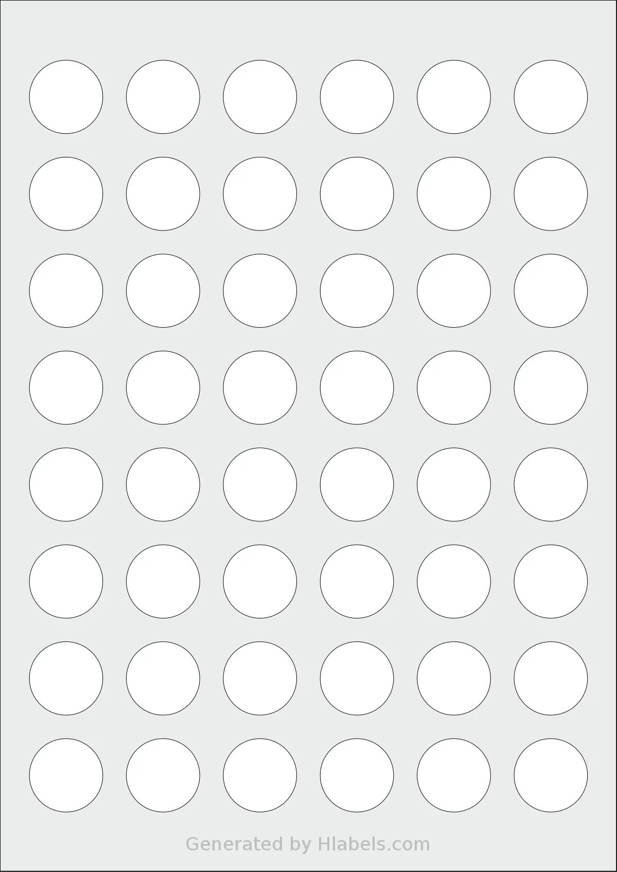 MrLabel® MR780 template with 48 circle labels per sheet, each 25 millimeter in diameter, on A4-size adhesive blank label sheets.