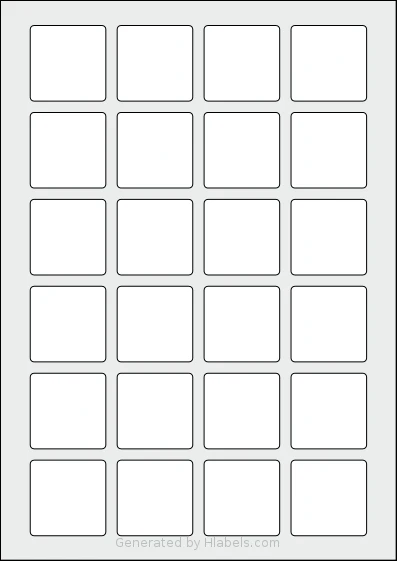 MrLabel® MR821 template with 24 square 40 x 40 millimeter labels per sheet, on A4-size adhesive blank label sheets.
