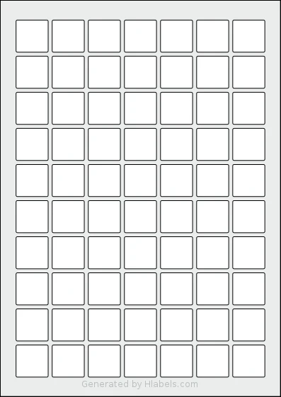 MrLabel® MR980 template with 70 square 24 x 24 millimeter labels per sheet, on A4-size adhesive blank label sheets.