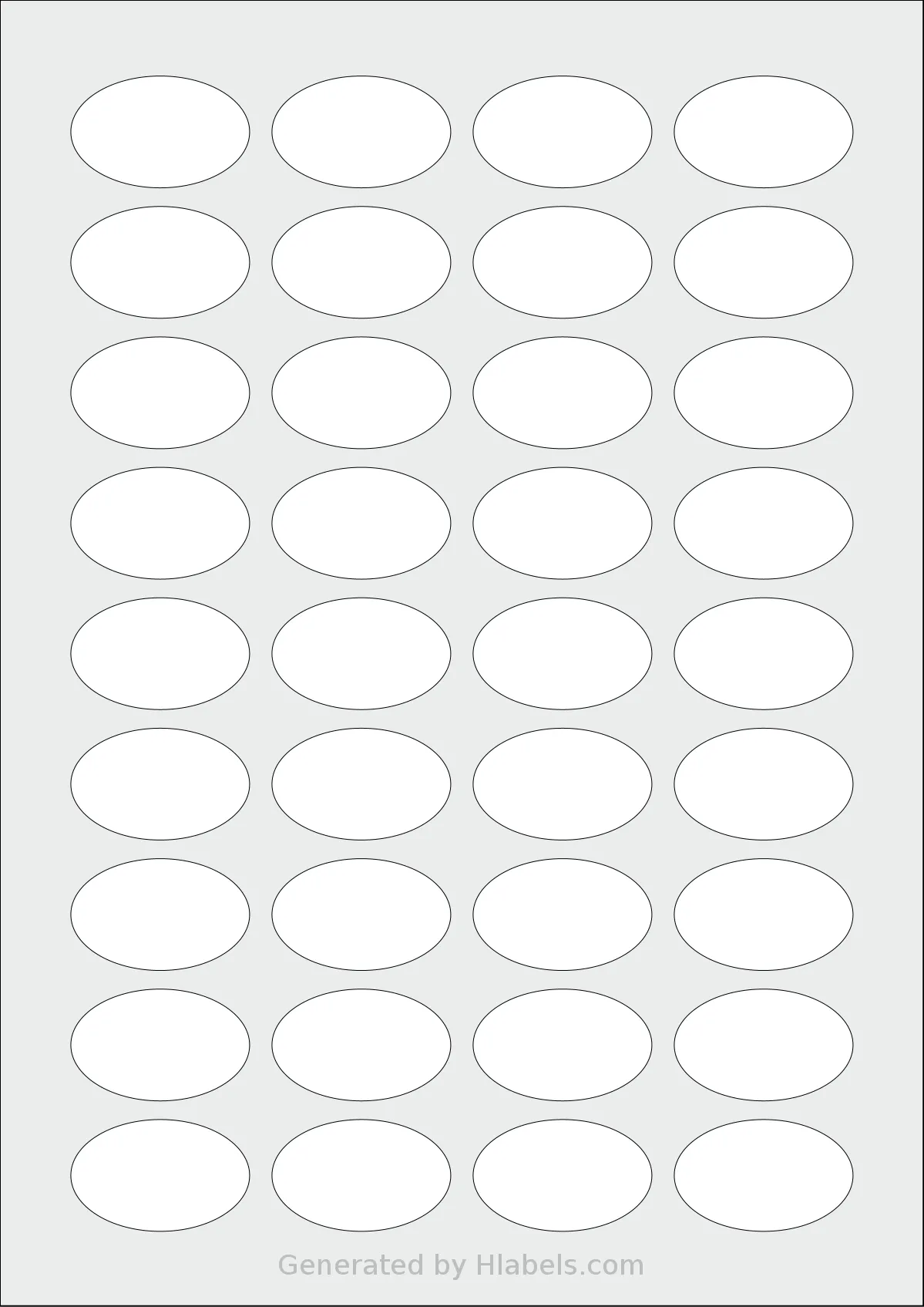 MrLabel® MR990 template with 36 oval 40.64 x 25.4 millimeter labels per sheet, on A4-size adhesive blank label sheets.