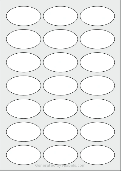 OnlineLabels® EU30026 template with 21 oval 60 x 34 millimeter labels per sheet, on A4-size adhesive blank label sheets.