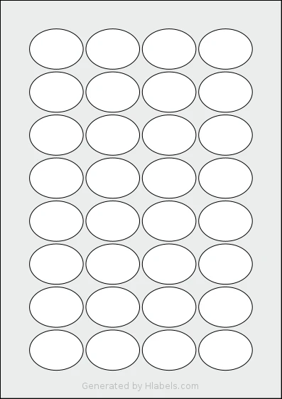 OnlineLabels® EU30027 template with 32 oval 40 x 30 millimeter labels per sheet, on A4-size adhesive blank label sheets.