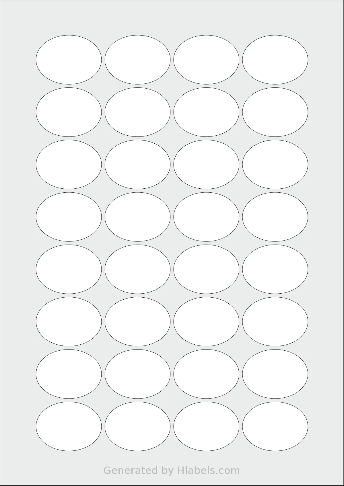 OnlineLabels® EU30027 template with 32 oval 40 x 30 millimeter labels per sheet, on A4-size adhesive blank label sheets.