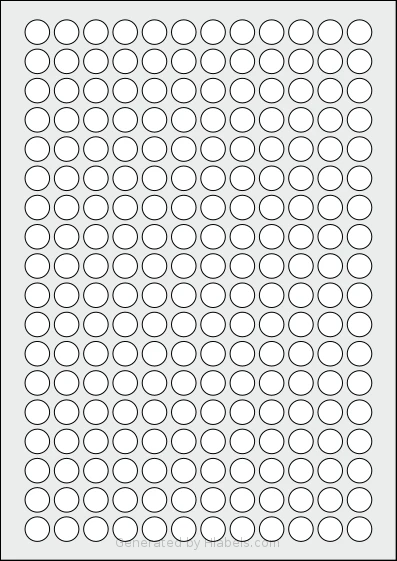 OnlineLabels® EU30050 template with 216 circle labels per sheet, each 13 millimeter in diameter, on A4-size adhesive blank label sheets.