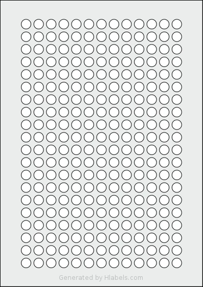 OnlineLabels® EU30059 template with 260 circle labels per sheet, each 10 millimeter in diameter, on A4-size adhesive blank label sheets.