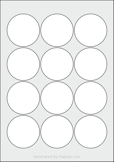 OnlineLabels® EU30065 template with 12 circle labels per sheet, each 60 millimeter in diameter, on A4-size adhesive blank label sheets.