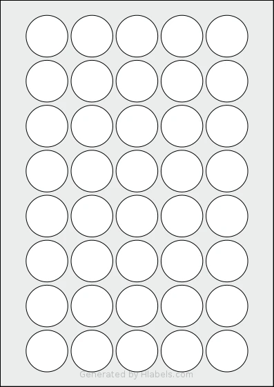 OnlineLabels® EU30074 template with 40 circle labels per sheet, each 32 millimeter in diameter, on A4-size adhesive blank label sheets.