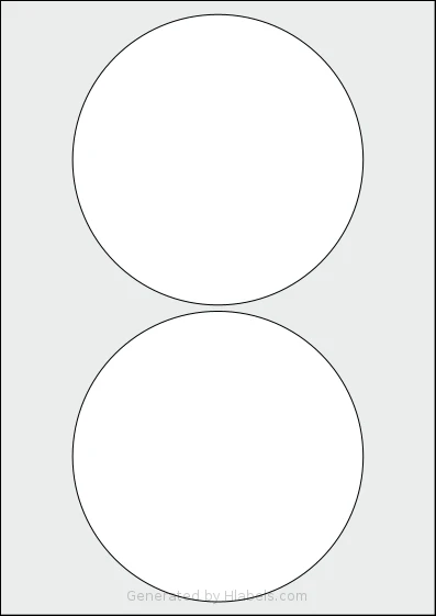 OnlineLabels® EU30077 template with 2 circle labels per sheet, each 140 millimeter in diameter, on A4-size adhesive blank label sheets.