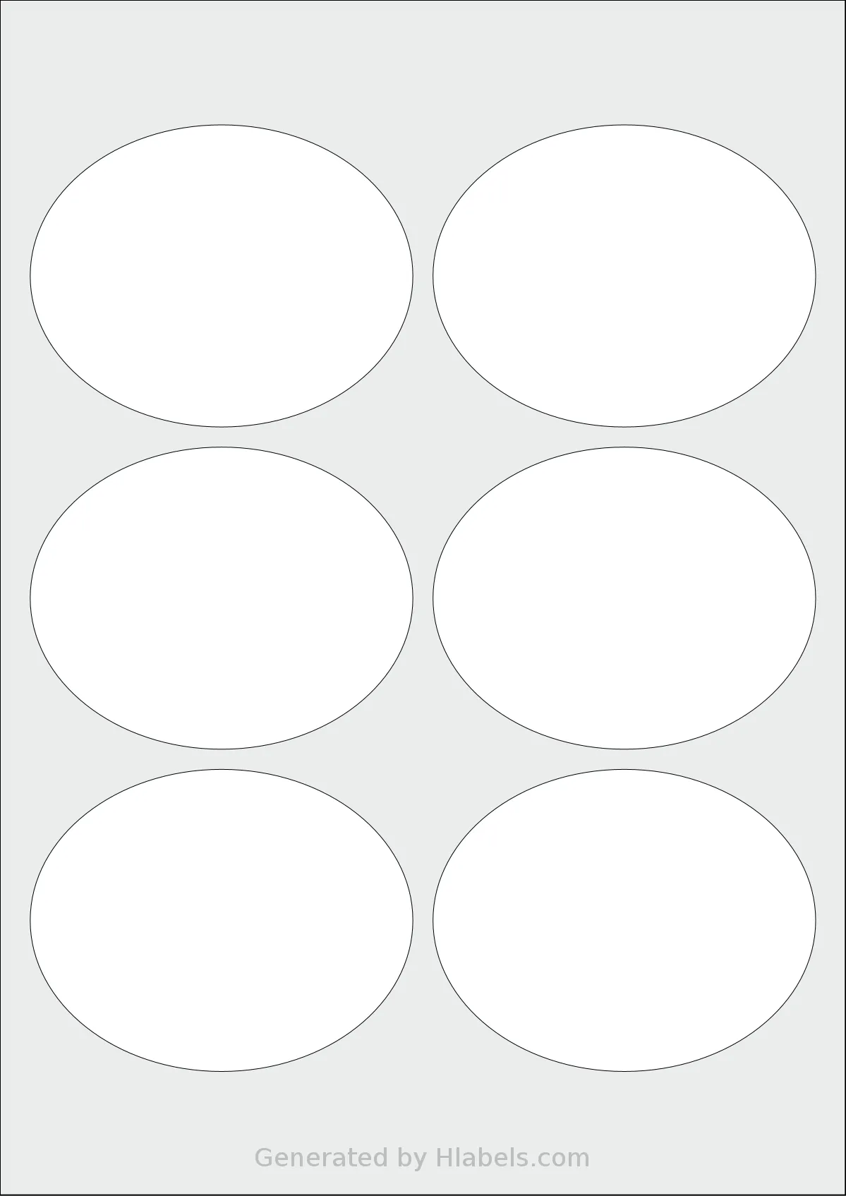 OnlineLabels® EU30080 template with 6 oval 95 x 75 millimeter labels per sheet, on A4-size adhesive blank label sheets.