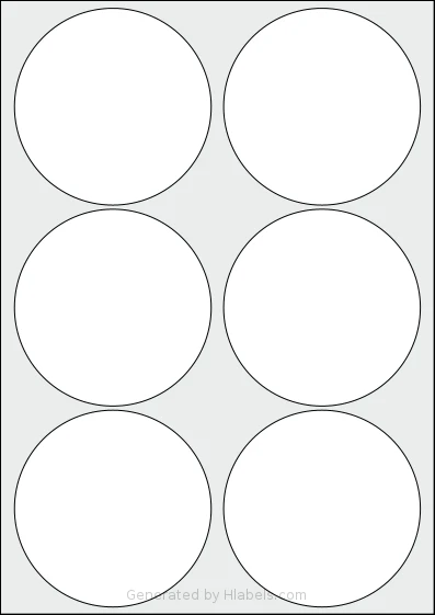 OnlineLabels® EU30098 template with 6 circle labels per sheet, each 95 millimeter in diameter, on A4-size adhesive blank label sheets.