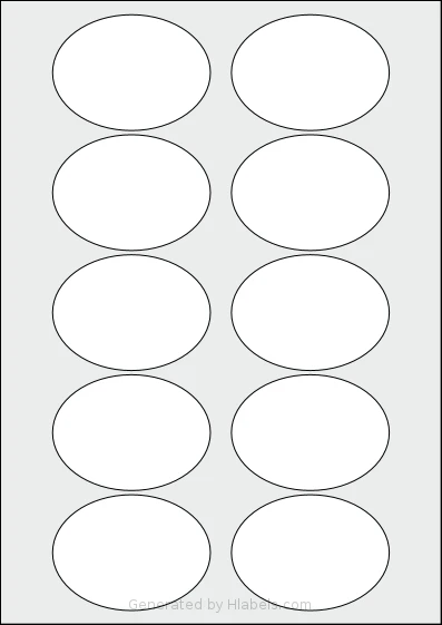 OnlineLabels® EU30100 template with 10 oval 75 x 55 millimeter labels per sheet, on A4-size adhesive blank label sheets.