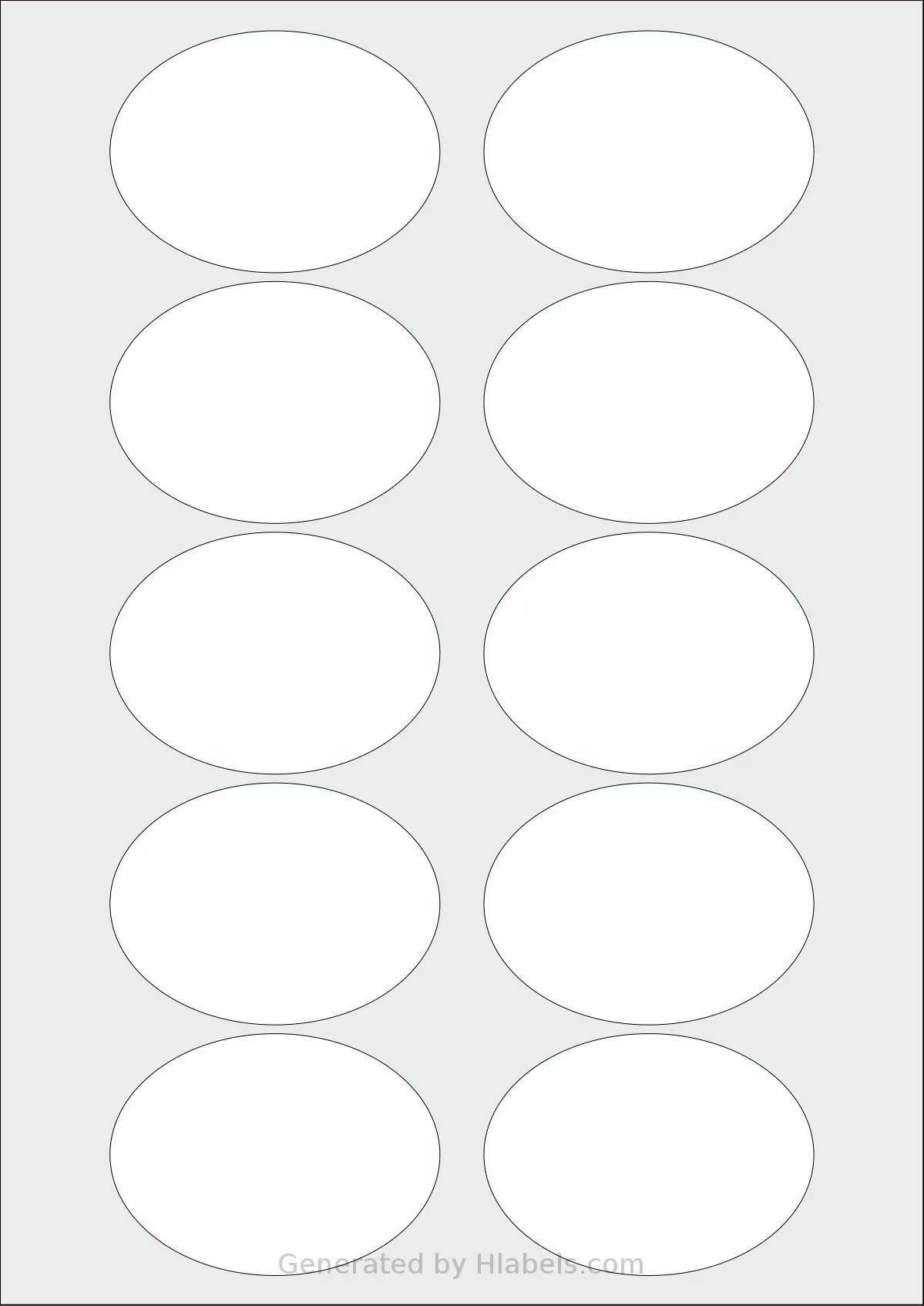 OnlineLabels® EU30100 template with 10 oval 75 x 55 millimeter labels per sheet, on A4-size adhesive blank label sheets.