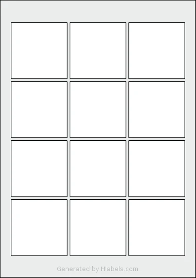 OnlineLabels® EU30102 template with 12 square 60 x 60 millimeter labels per sheet, on A4-size adhesive blank label sheets.