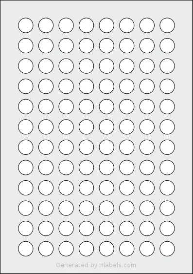 OnlineLabels® EU30119 template with 96 circle labels per sheet, each 16 millimeter in diameter, on A4-size adhesive blank label sheets.