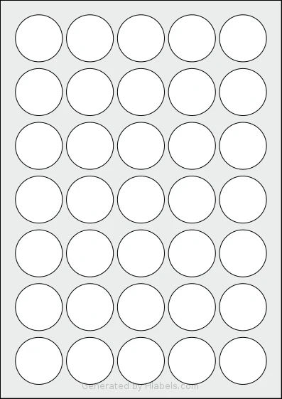 OnlineLabels® EU30123 template with 35 circle labels per sheet, each 35 millimeter in diameter, on A4-size adhesive blank label sheets.