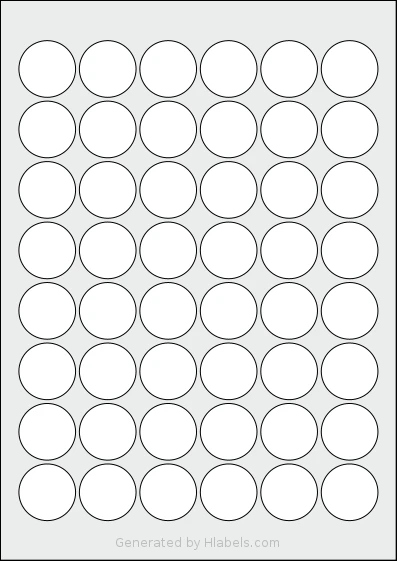 OnlineLabels® EU30166 template with 48 circle labels per sheet, each 30 millimeter in diameter, on A4-size adhesive blank label sheets.