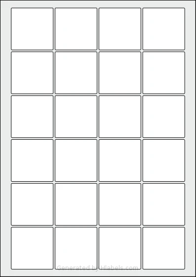 OnlineLabels® EU30176 template with 24 square 45 x 45 millimeter labels per sheet, on A4-size adhesive blank label sheets.