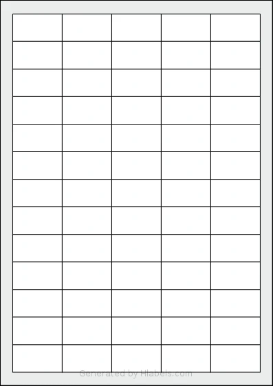 Printation® 1367619-GP template with 65 rectangular 38.1 x 21.2 millimeter labels per sheet, on A4-size adhesive blank label sheets.
