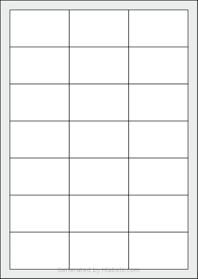 Printation® 1367819-GP template with 21 rectangular 63 x 39.5 millimeter labels per sheet, on A4-size adhesive blank label sheets.