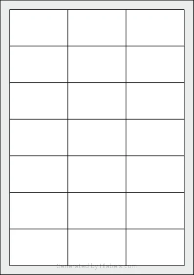 Printation® 1367819-NP template with 21 rectangular 63 x 39.5 millimeter labels per sheet, on A4-size adhesive blank label sheets.