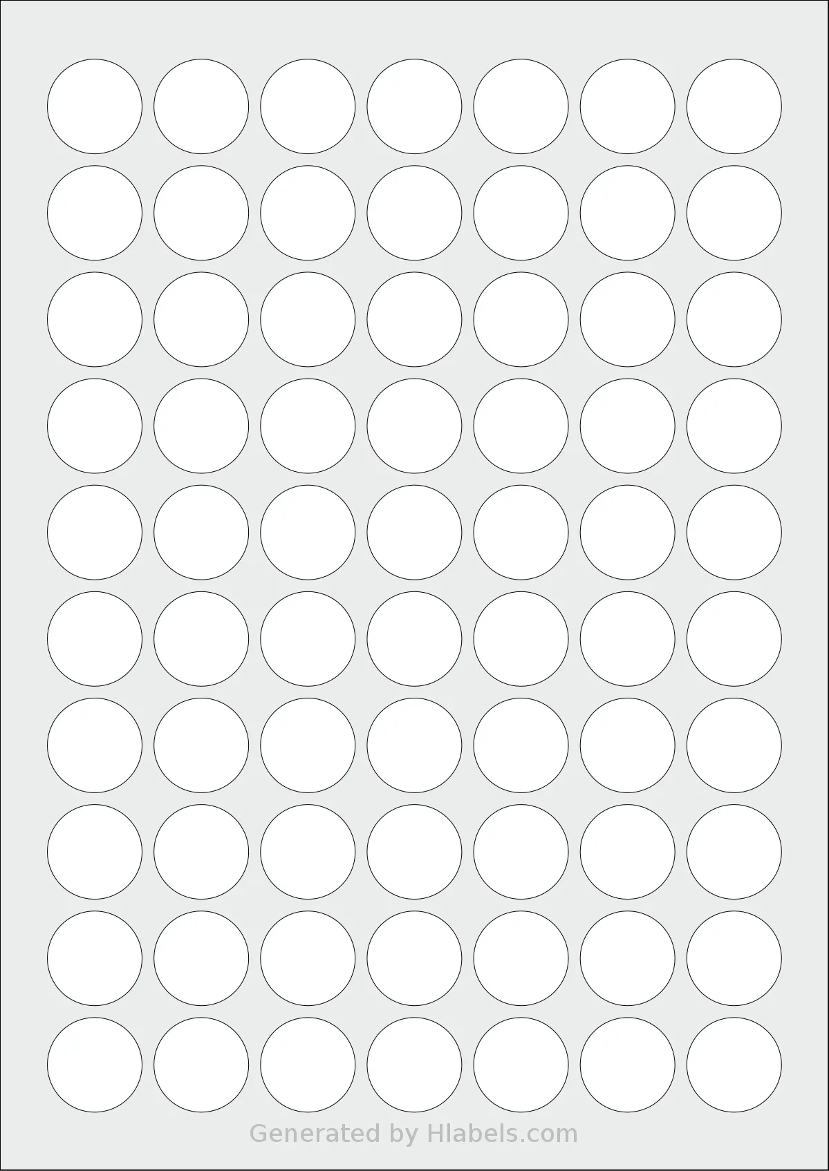 Printation® 1583627-NK template with 70 circle labels per sheet, each 24 millimeter in diameter, on A4-size adhesive blank label sheets.