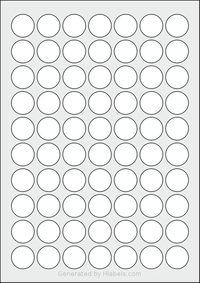 Printation® 1583627-NW template with 70 circle labels per sheet, each 24 millimeter in diameter, on A4-size adhesive blank label sheets.
