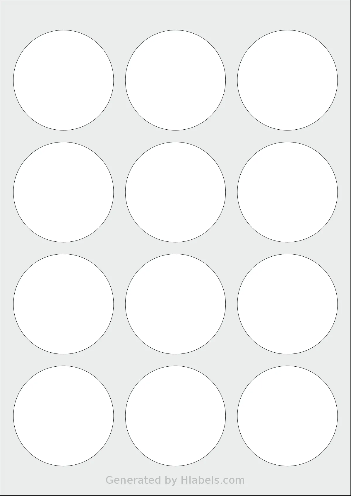 TownStix® A4-Round-12 template with 12 circle labels per sheet, each 60 millimeter in diameter, on A4-size adhesive blank label sheets.