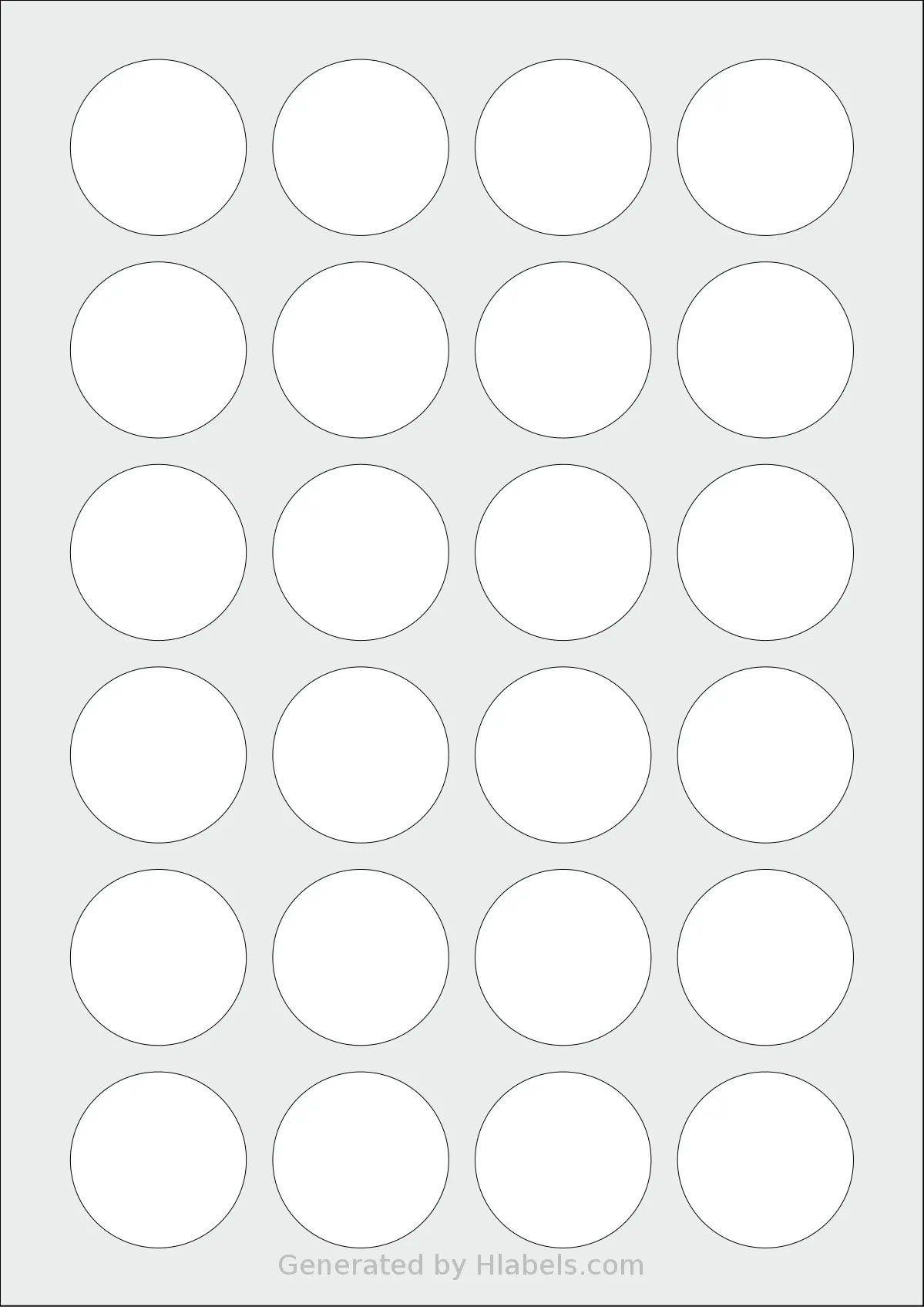 TownStix® A4-Round-24 template with 24 circle labels per sheet, each 40 millimeter in diameter, on A4-size adhesive blank label sheets.
