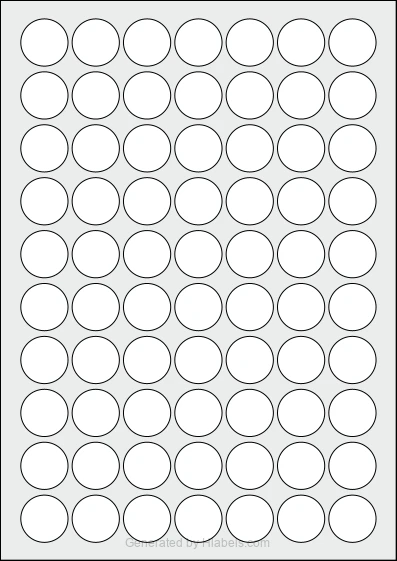 WatsonLabel® LL025025 template with 70 circle labels per sheet, each 25 millimeter in diameter, on A4-size adhesive blank label sheets.