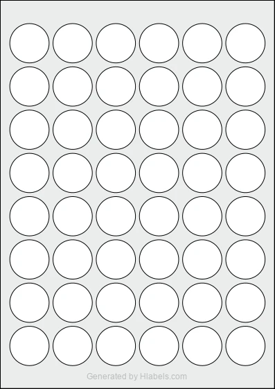WatsonLabel® LL030030 template with 48 circle labels per sheet, each 30 millimeter in diameter, on A4-size adhesive blank label sheets.