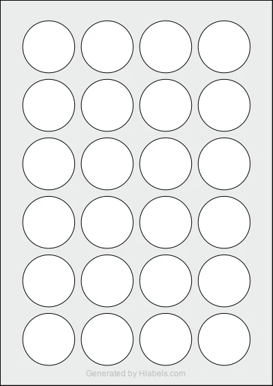 WatsonLabel® LL040040 template with 24 circle labels per sheet, each 40 millimeter in diameter, on A4-size adhesive blank label sheets.