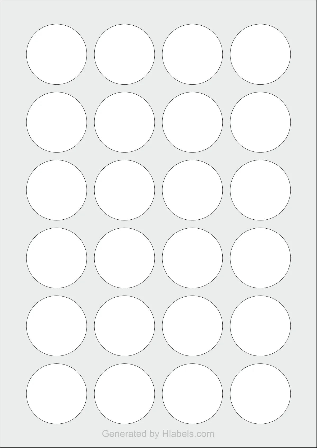 WatsonLabel® LL040040 template with 24 circle labels per sheet, each 40 millimeter in diameter, on A4-size adhesive blank label sheets.