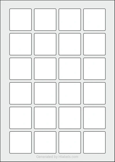WatsonLabel® LL040040Q template with 24 square 40 x 40 millimeter labels per sheet, on A4-size adhesive blank label sheets.