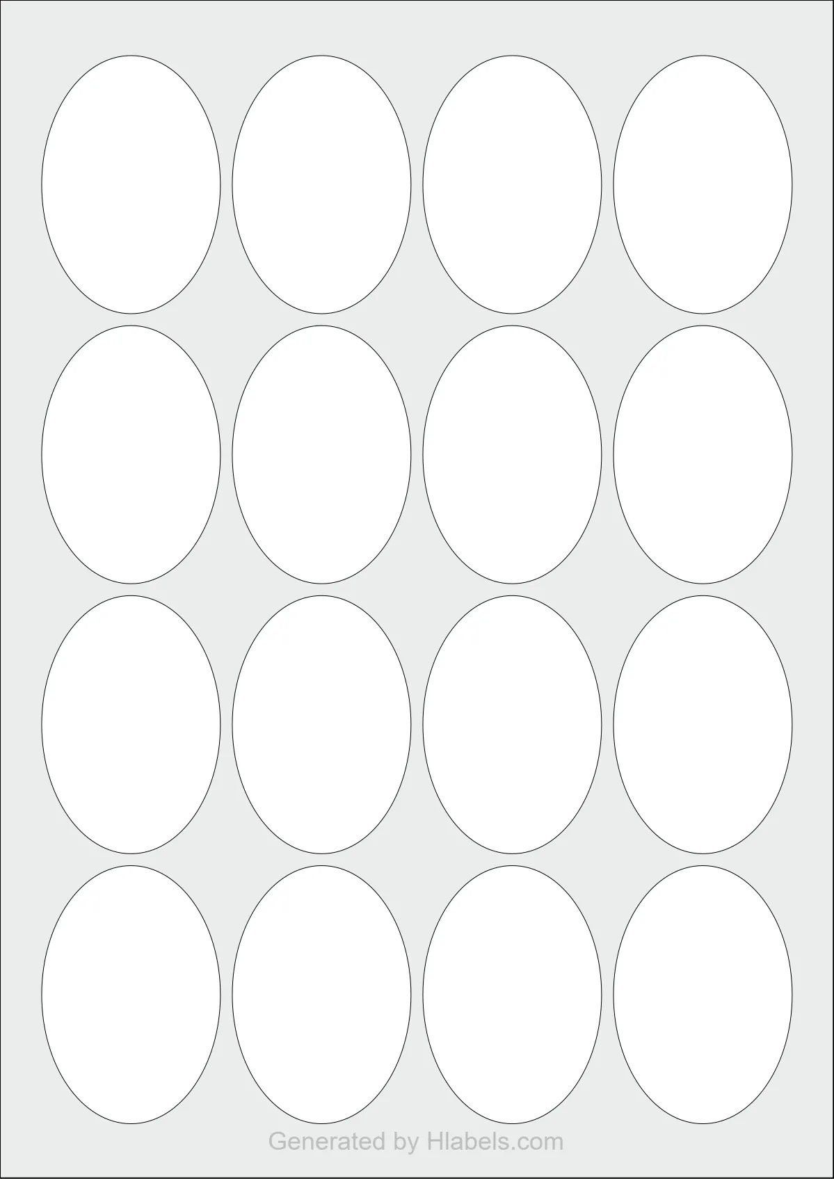 WatsonLabel® LL045065 template with 16 oval 45 x 65 millimeter labels per sheet, on A4-size adhesive blank label sheets.
