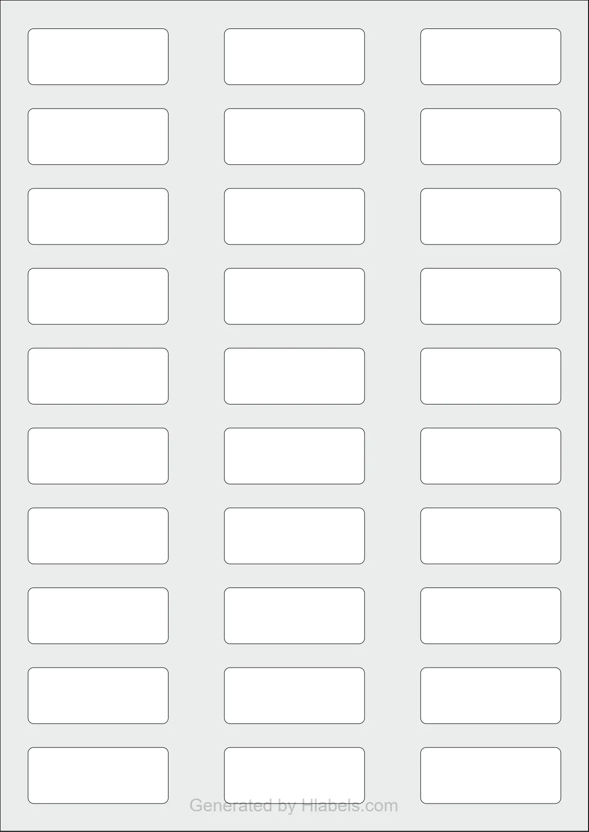 WatsonLabel® LL050020 template with 30 rectangular 50 x 20 millimeter labels per sheet, on A4-size adhesive blank label sheets.