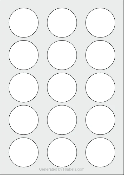 WatsonLabel® LL050050 template with 15 circle labels per sheet, each 50 millimeter in diameter, on A4-size adhesive blank label sheets.
