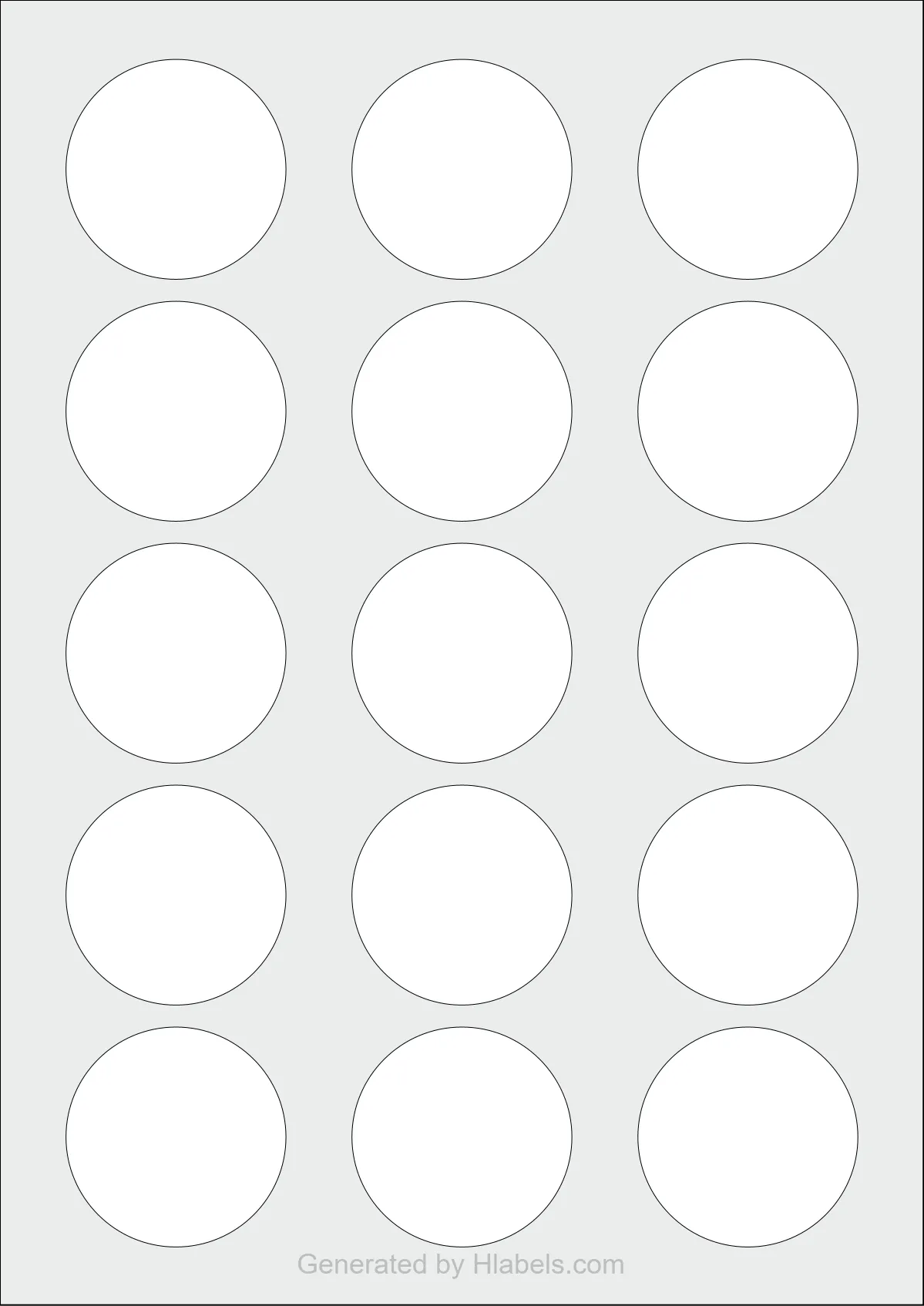 WatsonLabel® LL050050 template with 15 circle labels per sheet, each 50 millimeter in diameter, on A4-size adhesive blank label sheets.