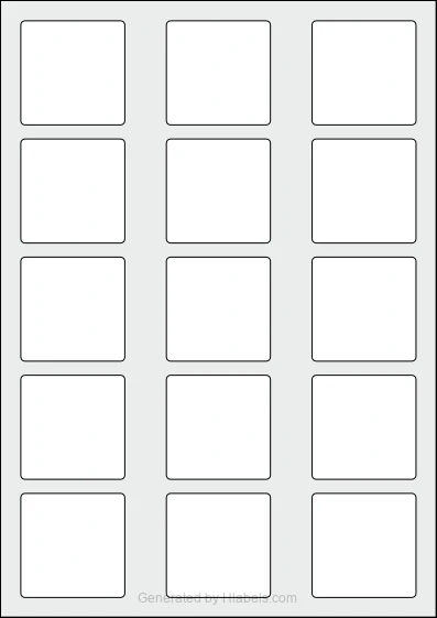 WatsonLabel® LL050050Q template with 15 square 50 x 50 millimeter labels per sheet, on A4-size adhesive blank label sheets.