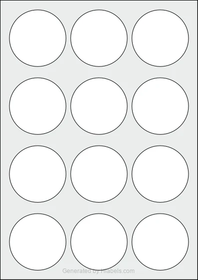 WatsonLabel® LL060060 template with 12 circle labels per sheet, each 60 millimeter in diameter, on A4-size adhesive blank label sheets.